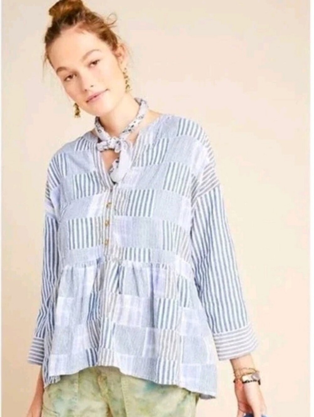 Maeve Anthropologie Zoe Swing Light Blue Striped And Patch Peplum Button-Up Top